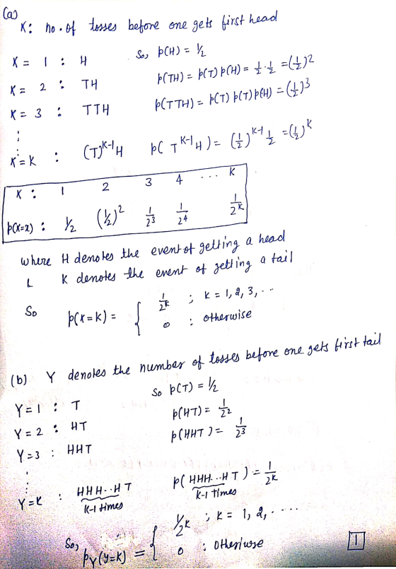 Cao ako nooof tosses before one gets first head X = 1 : H | K = 2 ; X = 3 : TH TTH S c, ÞCH) = \ (TH) = P(T) P(H) = 3 =(+? PC