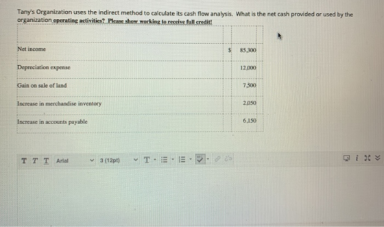 Tanys Organization uses the indirect method to calculate its cash flow analysis. What is the net cash provided or used by th