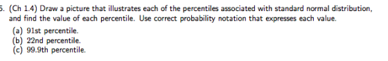. (Ch 1.4) Draw a picture that illustrates each of the percentiles associated with standard normal distribution, and find the value of each percentile. Use correct probability notation that expresses each value. (a) 91st percentile. (b) 22nd percentile. (c) 99.9th percentile