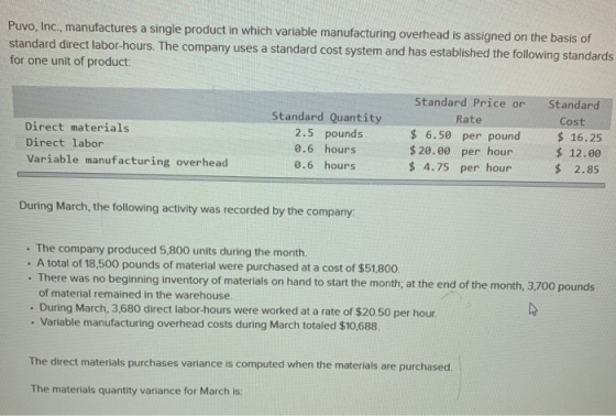 Puvo, Inc., manufactures a single product in which variable manufacturing overhead is assigned on the basis of standard direc