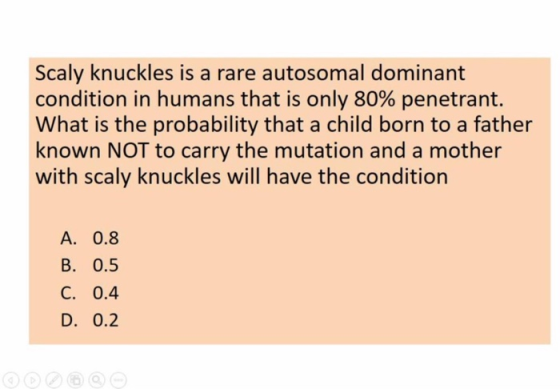 Scaly knuckles is a rare autosomal dominant condition in humans that is only 80% penetrant. What is the probability that a ch