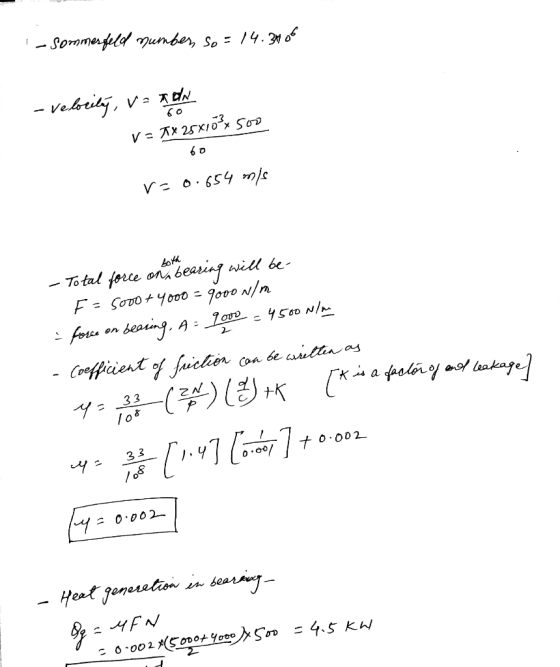 - Sornmerfeld mumber, So = 14.31of - Vebrity, v= rde V= Ax 25X10x 500 60 5/ h59.03A both To tal force ona bearing will be- F=