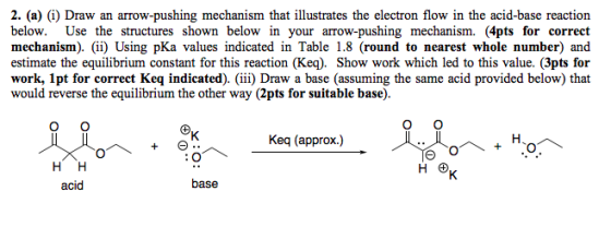 2. (a) (i) Draw an arrow-pushing mechanism that illustrates the electron flow in the acid-base reaction below. Use the struct