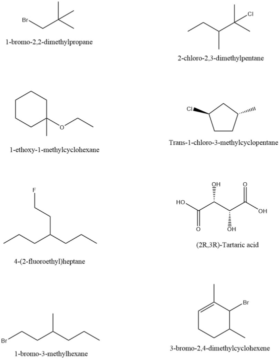 1-bromo-2,2-dimethylpropane 2-chloro-2,3-dimethylpentane म Trans-1-chloro-3-methylcyclopentane 1-ethoxy-1-methylcyclohexane H