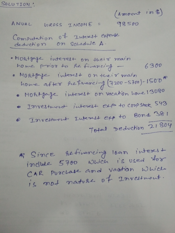 SOLUTION! (Amoont in ) ANUAL ROSS INCOME - 98 500 Computation deduction of on Interest schedule expense A. • Mortgage interes