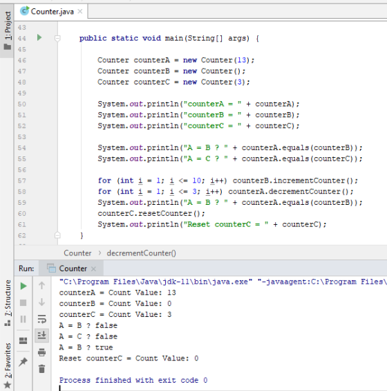 Counter.java 43 public static void main (String [] args) [ 44 45 Counter counterA = new Counter(13); 46 = new Counter () Coun