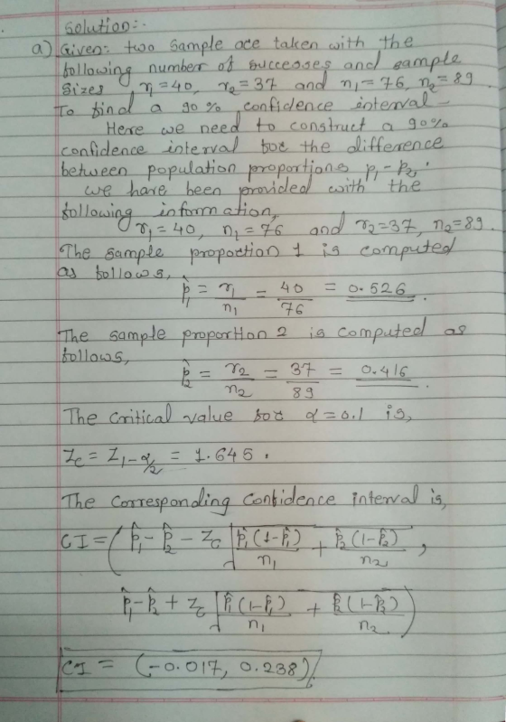 1 Solution: a) Given two Sample ace taken with the bollowing number of successes and sample n = 40 r2 = 37 and n = 76, 12 To