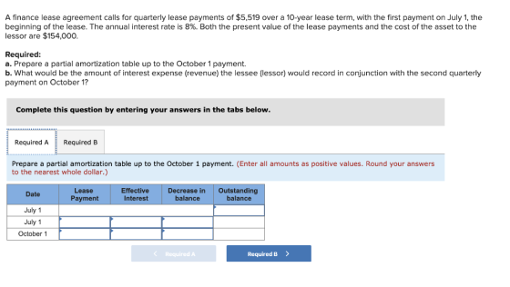 A finance lease agreement calls for quarterly lease payments of $5,519 over a 10-year lease term, with the first payment on J