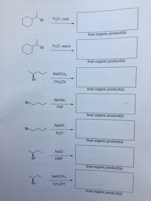 H2O, cold Br final organic product(s) H2O, warm Br final organic product(s) NASCH3 Br CH3CN final organic product(s) NaOAc Br