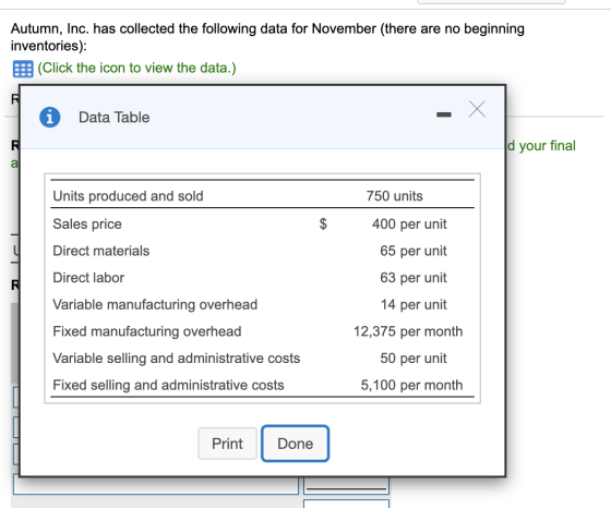 Autumn, Inc. has collected the following data for November (there are no beginning inventories): (Click the icon to view the