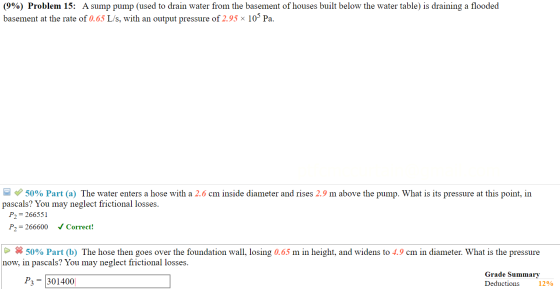 (9%) Problem 15: A sump pump (used to drain water from the basement of houses built below the water table) is draining a floo