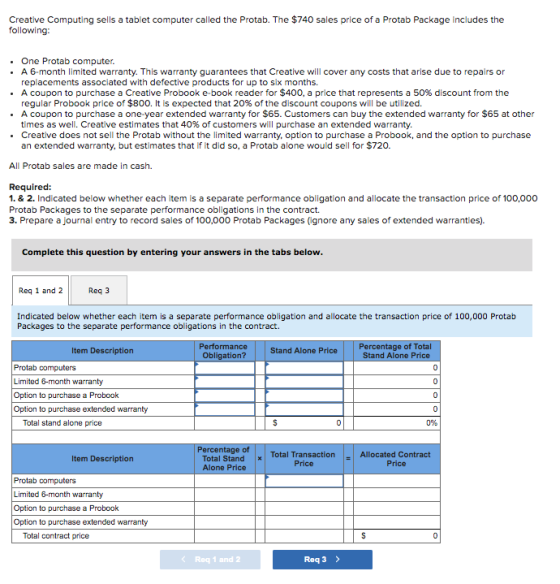 Creative Computing sells a tablet computer called the Protab. The $740 sales price of a Protab Package includes the following