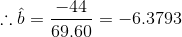 \therefore \hat{b}=\frac{-44}{69.60}=-6.3793