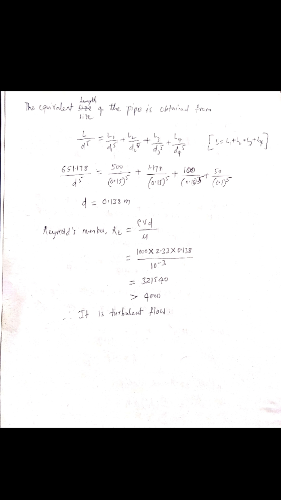 Size The equivalent to thang the pipe is ebtained from return terms [1344454] espero tempo com o d = 01138m evd Reynolds num
