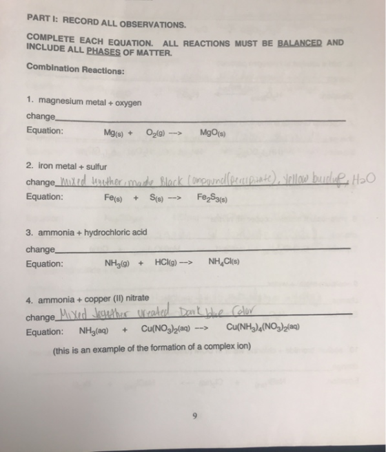 PART 1: RECORD ALL OBSERVATIONS. TE EACH EQUATION. ALL REACTIONS MUST BE BALANCED AND INCLUDE ALL PHASES OF MATTER. Combinati