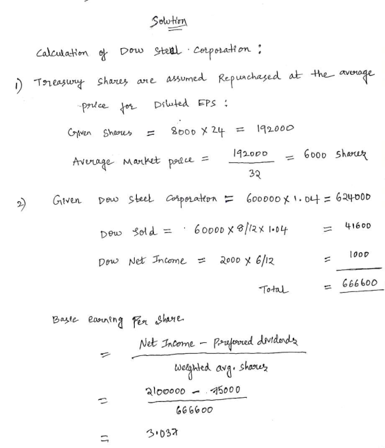 Solution 1) calculation of Dow steal corporation : Treasury shares are assumed Repurchased at the average -price for Diluted