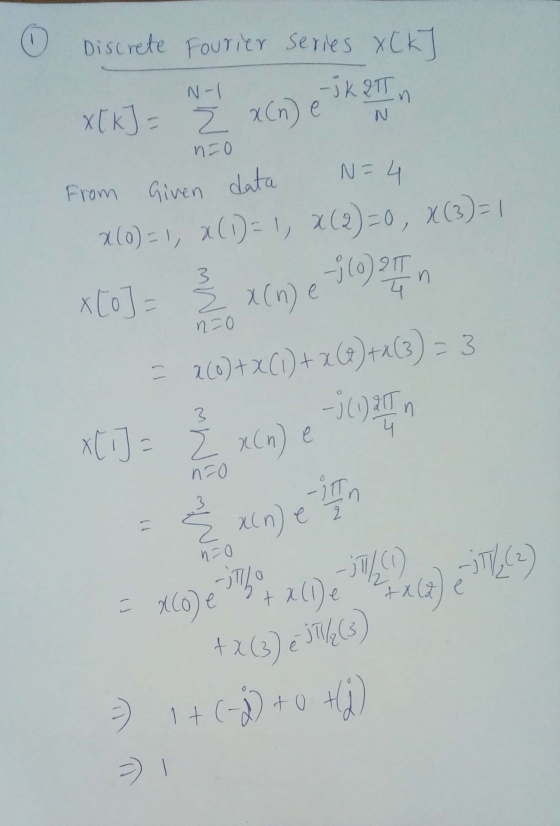 (1) Discrete Fourier series XCk7 nzo XtKJ = 2 in) e TK From Given data N = 4 200) = 1, x( 1)= 1, X(2)=0, x(3)-1 x[0] = x (n)