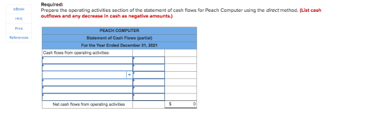 eBook Required: Prepare the operating activities section of the statement of cash flows for Peach Computer using the direct m