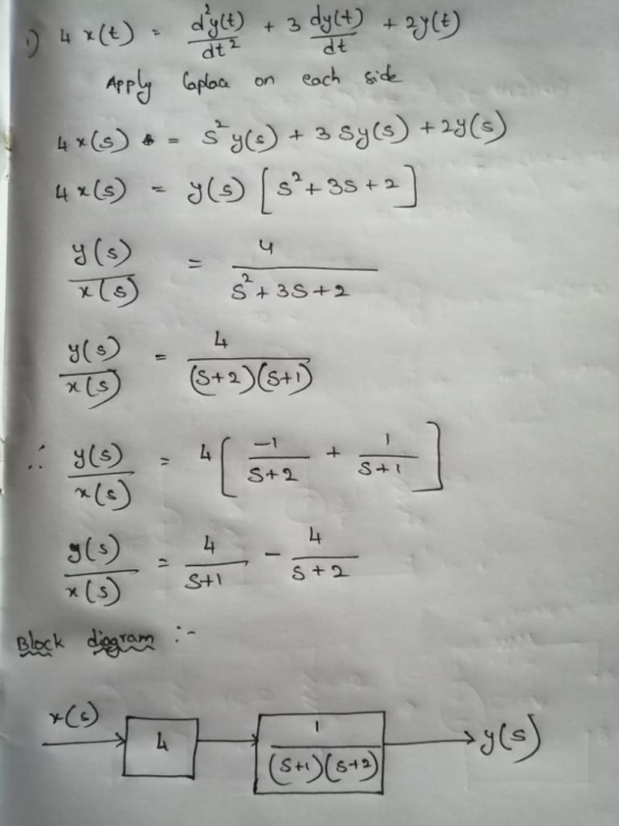 dt 47() dice + 3 dyct) + 2464) Apply Caplace on each side 4*(s) & sy(s) + 3 syls) + 2y (6) 42(E) - Y(3) [sº+35+2] 35+2 C G+ 2