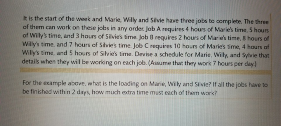 It is the start of the week and Marie, Willy and Silvie have three jobs to complete. The three of them can work on these jobs
