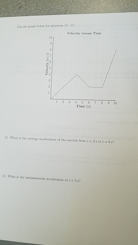 Use the graph below for questions 12 15 Velocity versus Time 1 2 3 4 5 6 78 9 10 Time (s) 12, what is the average acceleration of the particle from t = 2 s to t-9 s? 13. What is the instantaneous acceleration at t 5s?