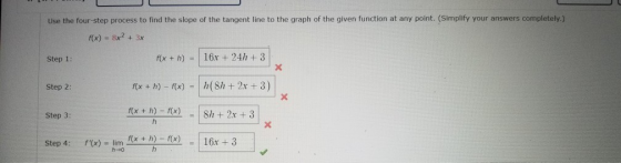 Use the four-step process to find the slope of the tangent line to the graph of the given function at any point. (Simplify yo