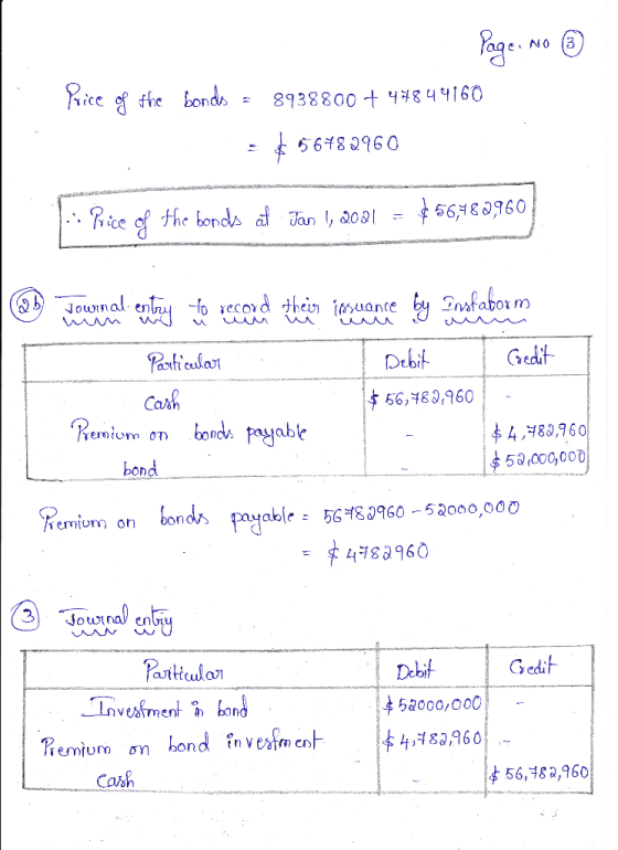 Page No ③ Price of the bonds = 8938800 + 47844160 56482960 .: Price of the bonds at Jan 1, 2021 = $56,480960 23 Journal entry