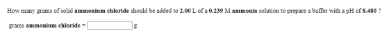How many grams of solid ammonium chloride should be added to 2.00 L of a 0.239 M ammonia solution to prepare a buffer with a