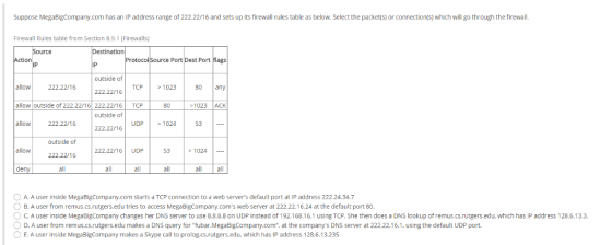Suppose MegaBigCompany.com has an IP address range of 222.22/16 and sets up its firewall rules table as below. Select the packet(s) or c which will go through the firewall. Firewall Rules table from Section 8.9.1 (Firewalls) on col e Port Dest Port IP outside of allow 222.22/16 TCP 1023 80 any 222.22/16 allow outside of 222.22/16 222.22/16TCP 80 1023ACK outside of o 222.22/16 222.22/16 allow 53- outside of allow 222.22/16 UDP 53 1024 222.22/16 all all O A. A user inside MegaBigCompany.com starts a TCP connection to a web servers default port at IP address 222.24.34.7 O B. A user from remus.cs.rutgers.edu tries to access MegaBigCompany.coms web server at 222.22.16.24 at the default port 80. O C. A user inside MegaBigCompany changes her DNS server to use 8.8.8.8 on UDP instead of 192.168.16.1 using TCP. She then does a DNS lookup of remus.cs.rutgers.edu, which has IP address 128.6.13.3. O D. A user from remus.cs.rutgers.edu makes a DNS query for fubar.MegaBigCompany.com, at the companys DNS server at 222.22.16.1, using the default UDP port E. A user inside MegaBigCompany makes a Skype call to prolog.cs.rutgers.edu. which has IP address 128.6.13.235