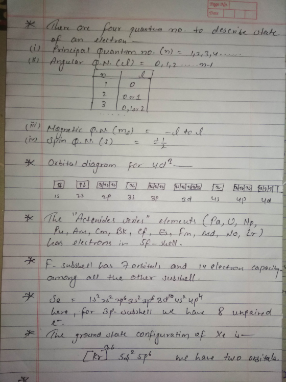 Page No. Date * There are four quantum no. to descrise state of an electron (1) Principal Quantum no. (n) = 4,2,3,4.... (2) A