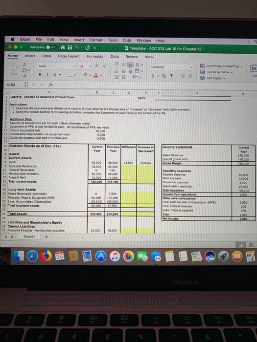 Excel File Edit View Insert Format Tools Data Window Help AutoSave Template-ACC 213 Lab 10 for Chapter 12 pre Home Insert Dra