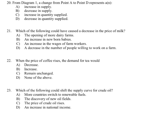 20. From Diagram 1, a change from Point A to Point D represents a(n): increase in supply A) supply decrease in B) increase in