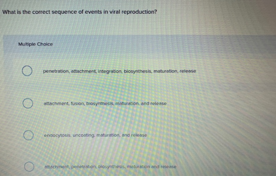 What is the correct sequence of events in viral reproduction? Multiple Choice o penetration, attachment, Integration, biosynt