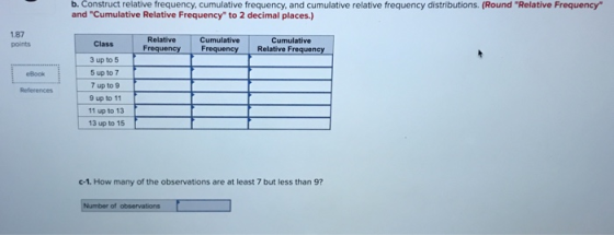 b. Construct relative frequency, cumulative frequency, and cumulative relative frequency distributions. (Round Relative Frequency and Cumulative Relative Frequency to 2 decimal places.) 1.87 points Relative Cumulative Relative Frequency Cumulative Class 3 up to 5 5 up to 7 7 up to 9 9 up to 11 11 up to 13 13 up to 15 Frequency Freque eBook References c-1. How many of the observations are at least 7 but less than 9 Number of