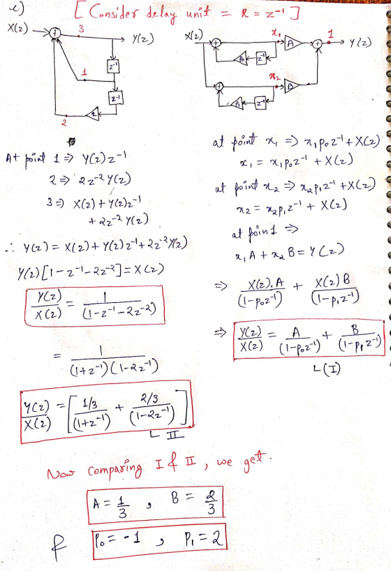 e) [ Consider delay unit = P = z] X(2) > 3 yr Yz) x2 B D fénye) At point 17 YC2) 2-1 27 22 24 (2) 3.-) X(z) +402)2+1 +22-242