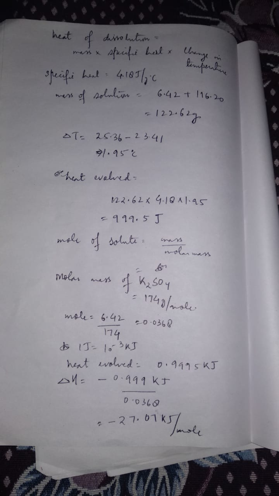 heat of dissolution - mass specific heal & Change specific heal = 4.1856.0 mass of solulim - 6:42 + 116.20 - 122.62g OT= 25.3