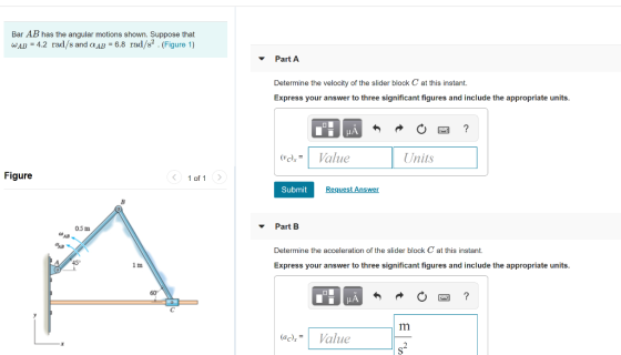Bar AB has the angular motions shown. Suppose that WAD = 4.2 rad/s and Q AD = 6.8 rad/s2 . (Figure 1) Part A Determine the ve