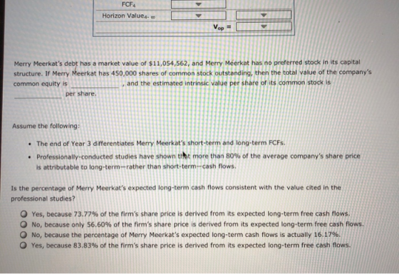 FCF Horizon Value4.co Merry Meerkats debt has a market value of $11,054,562, rry Meerkat has no preferred stock in its capit
