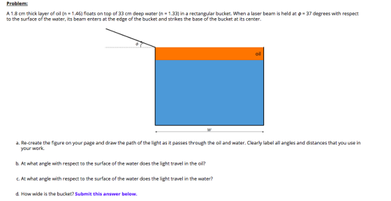 Problem: A 1.8 cm thick layer of oil (n = 1.46) floats on top of 33 cm deep water (n = 1.33) in a rectangular bucket. When a