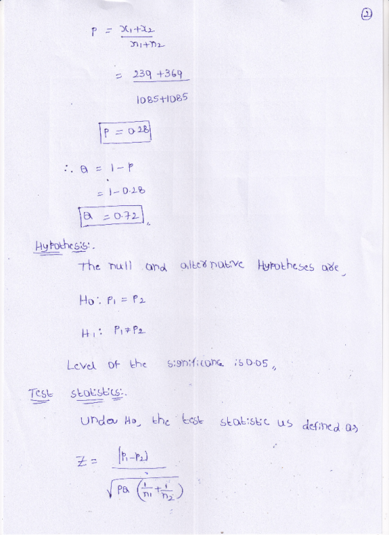 P = 2, +22 ritha 239 +369 1085+085 Jp = 0.28 :. Q = 1- = 1-0.18 To = 0.72 Hypothesis: The null and alternative Hypotheses are