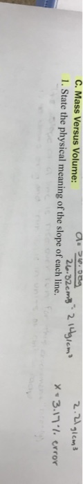 C. Mass Versus Volume: lem 1. State the physical meaning of the slope of each line. X ? 3.??% error