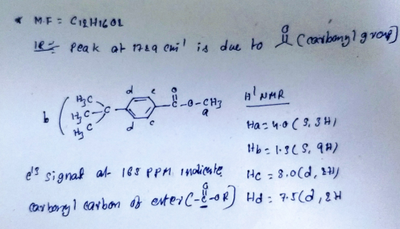 M. F = CIL HIGOL & Peak at 1729 cm is due to i carbonyl grow] O=0 Ha=4.0 (3.341 tb = 1.368, 9H) es signal at 165 PPM indicat