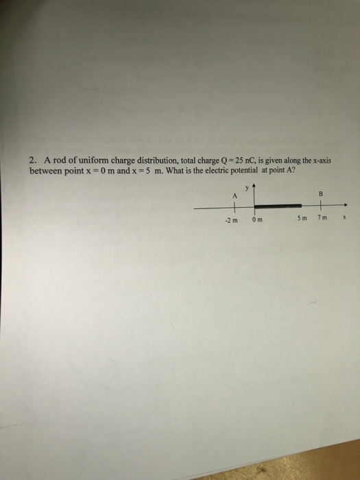 2. A rod of uniform charge distribution, total charge Q 25 nC, is given along the x-axis between point x = 0 m and x = 5 m. What is the electric potential at point A? -2 m 0 m 5 m 7m