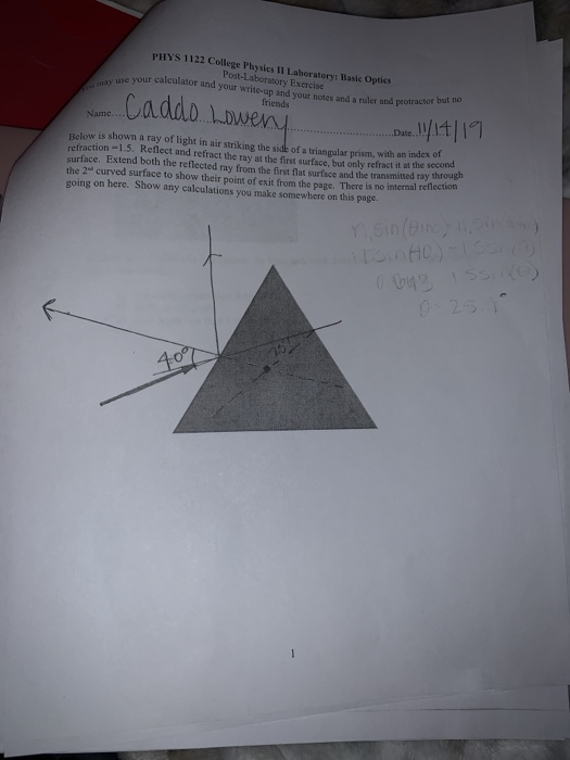 PHYS 1122 College Playsics II Laboratory Basie Opties Post Laboratory Exercise use your calculator and your write-up and your