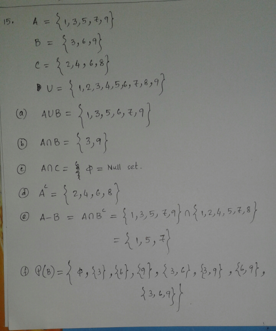 15. A = { 1, 3, 5, 7, 9} B = {3, 6,93 = { 2, 4, 6, 8} DU = {1,2,3,4,56,7,8,9 (C) AUB = 1,3,5,6,7,9] ① AnB = {3,9} ① A0C = 0 =
