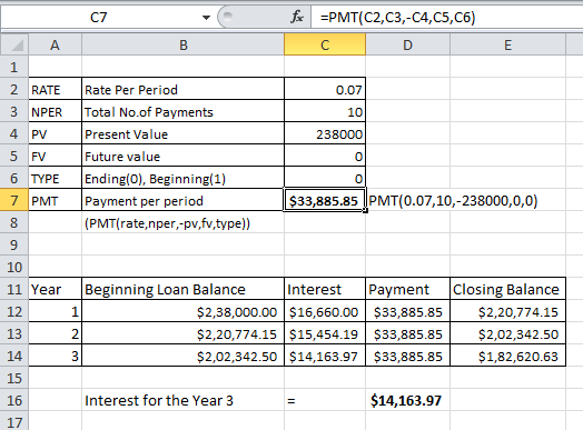 C7 - fx fx =PMT(C2,C3,-C4,C5,C6) PMI D B F 0.07 A 1 2 RATE 3 NPER 4 PV 5 FV 6 TYPE 7 PMT 238000 Rate Per Period Total No.of P