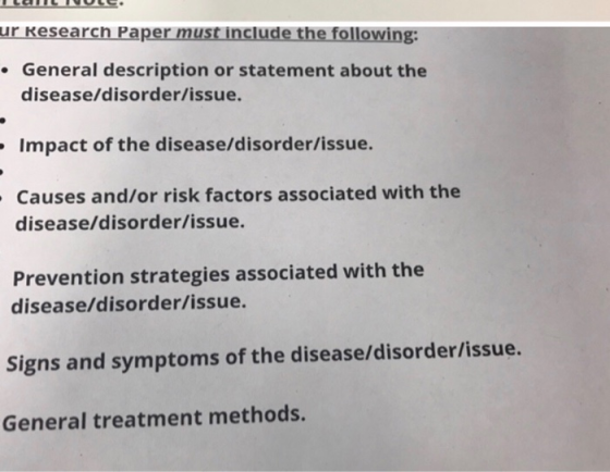 ur Research Paper must include the following: .General description or statement about the disease/disorder/issue. Impact of t