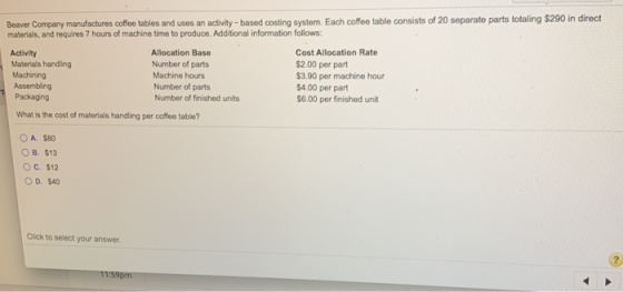 Beaver Company manufactures coffee tables and uses an activity - based costing system. Each coffee table consists of 20 separ