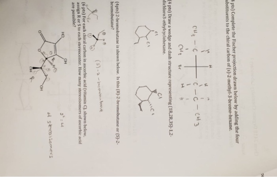 4pts) Complete the Fischer projection drawn below by adding the four ubstituents to the chiral carbon of (s)-2-methyl-3-bromo