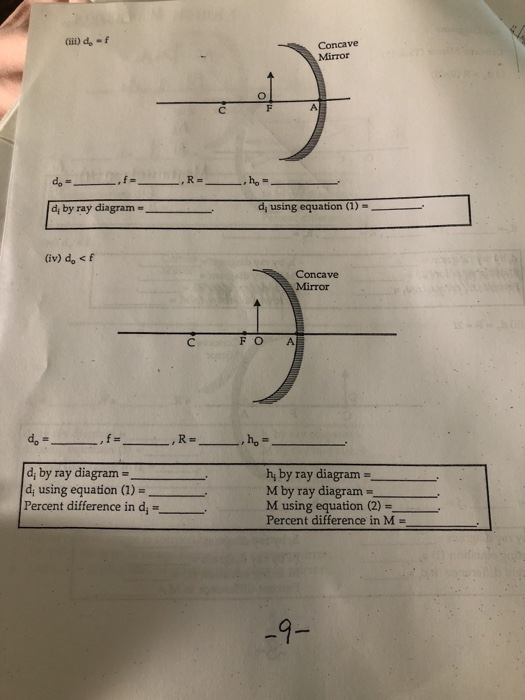 Gii) de f Concave Mirror d, by ray diagram d, using equation (1)_ (iv) do <f Concave Mirror C FO A d, by ray diagram- di using equation (1)- Percent difference in d h, by ray diagram - M by ray diagram - M using equation (2)- Percent difference in M- -9